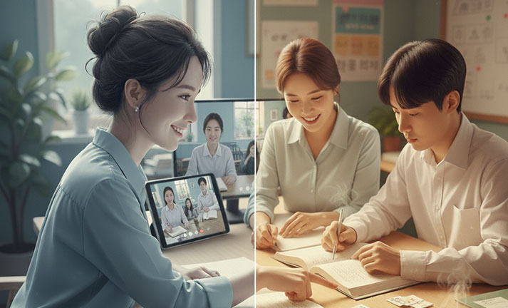private-korean-lessons-online-offline-flexibility Image illustrating the flexibility of private Korean classes, showing a native teacher engaging with students both online and in a traditional setting.