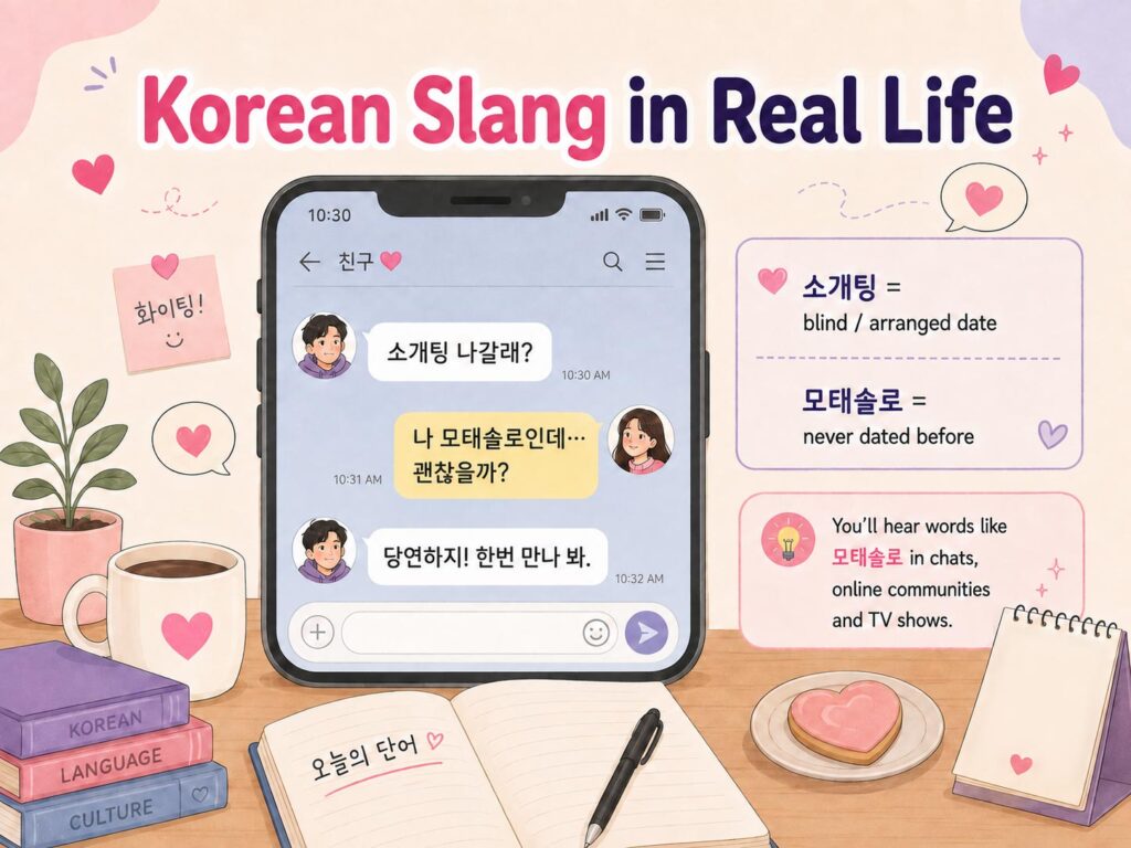 Korean dating chat example using 소개팅 and 모태솔로